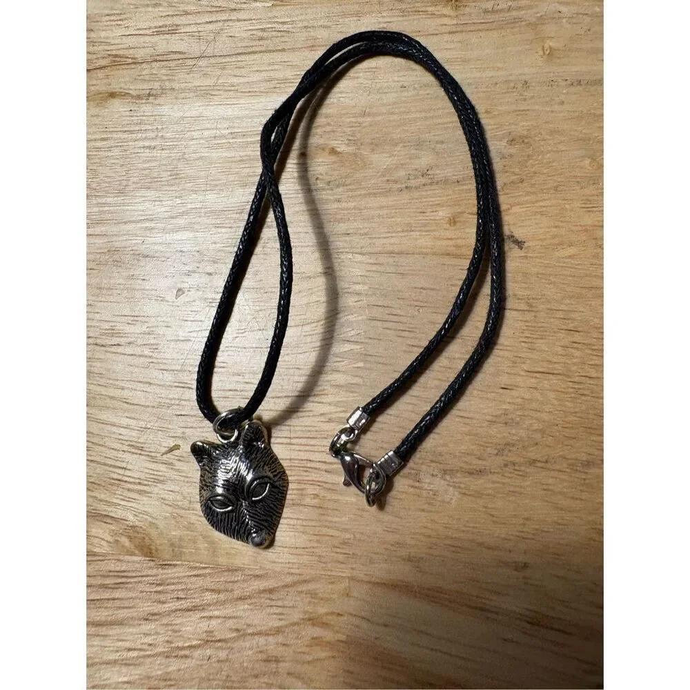 Necklace, Fox and Black Leather Necklace, Mens Necklace, NEW, Hand Made
